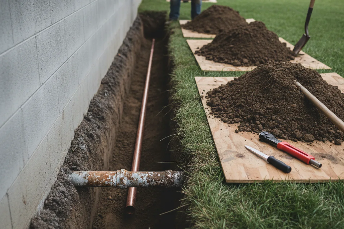 Excavated water line trench during Water Softener Installation in Alton Bay